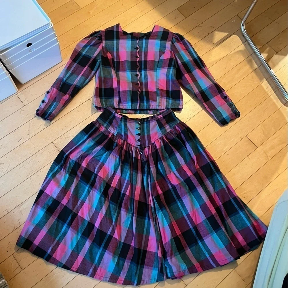 Vintage The Cotton Collection Matching Checkered Long Sleeve Blouse & Sk… - Picture 1 of 16